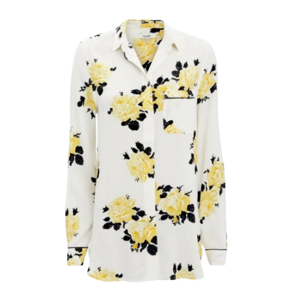 GANNI Yellow and Black Floral Button Down Blouse Size Small